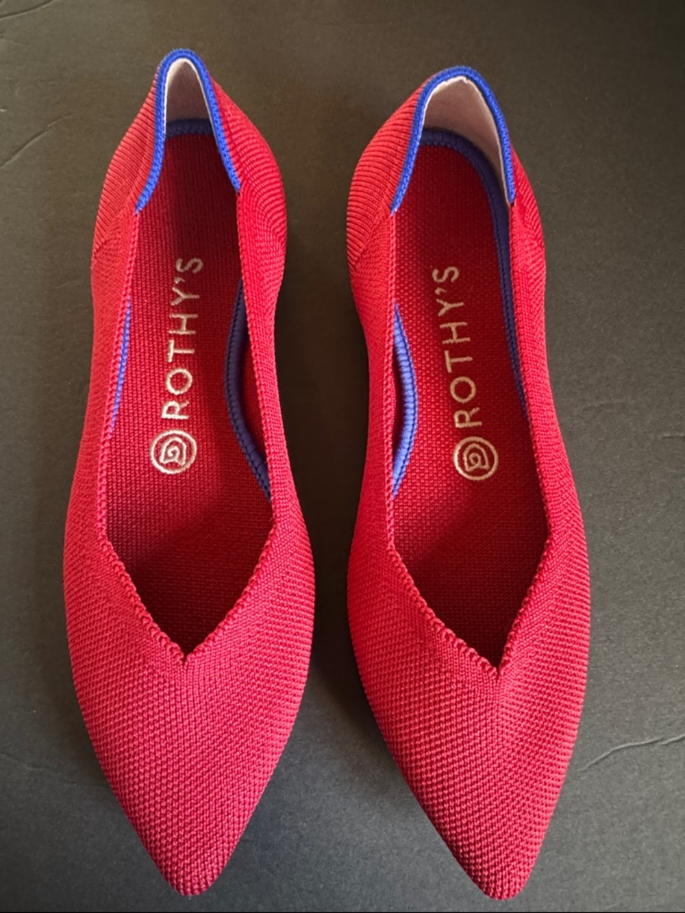 Rothy's Red Pointed Toe Flats with Blue Trim